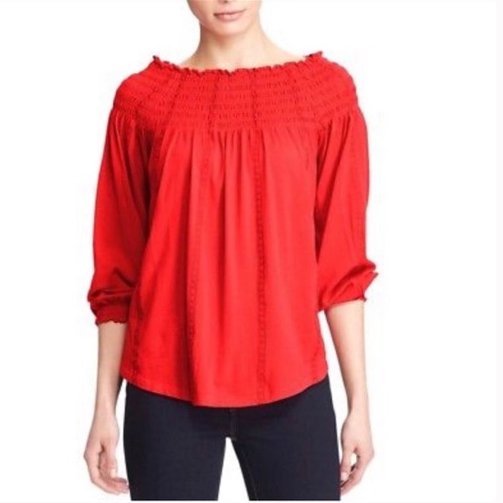 ✨ HP✨Lauren Ralph Lauren Quarida-knit Smocked Off-the-shoulder Top-red✨